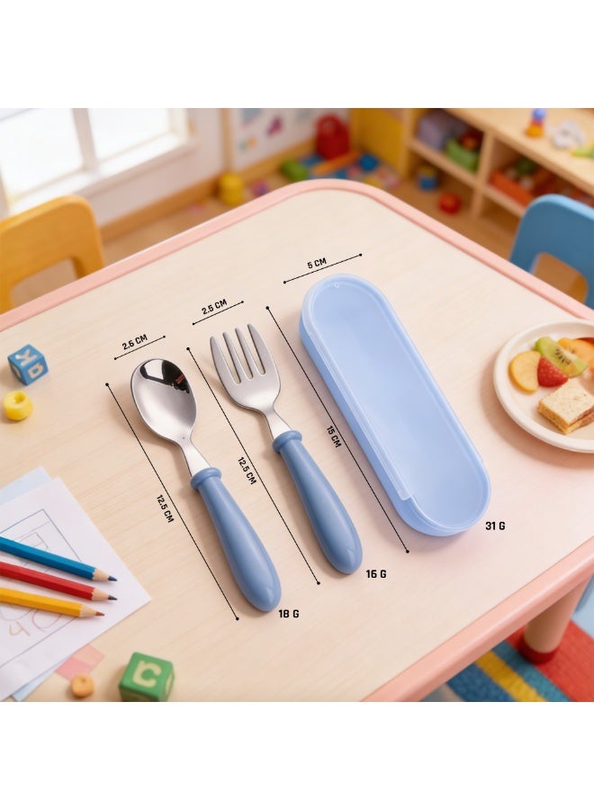 Beram Children Cutlery Set Utensils Set 2 PCS Kids Cutlery Set Baby Spoon Spoon and Fork Portable Tableware with Plastic Case 304 Stainless Steel BPA Free Dishwasher Safe Blue - Image 2