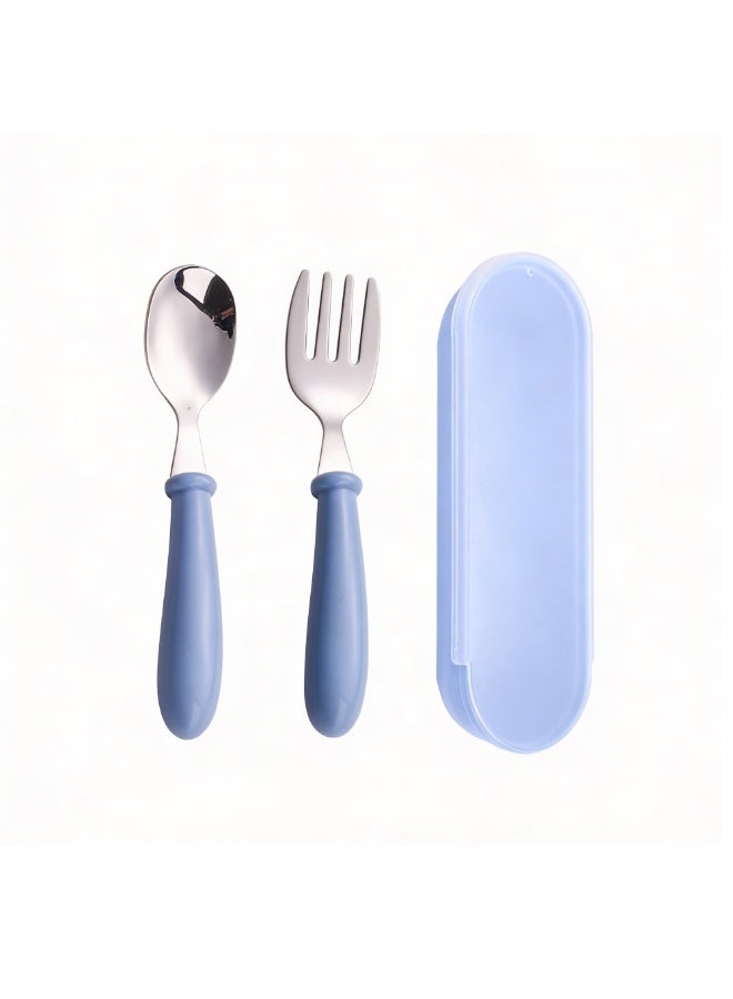 Beram Children Cutlery Set Utensils Set 2 PCS Kids Cutlery Set Baby Spoon Spoon and Fork Portable Tableware with Plastic Case 304 Stainless Steel BPA Free Dishwasher Safe Blue - Image 1