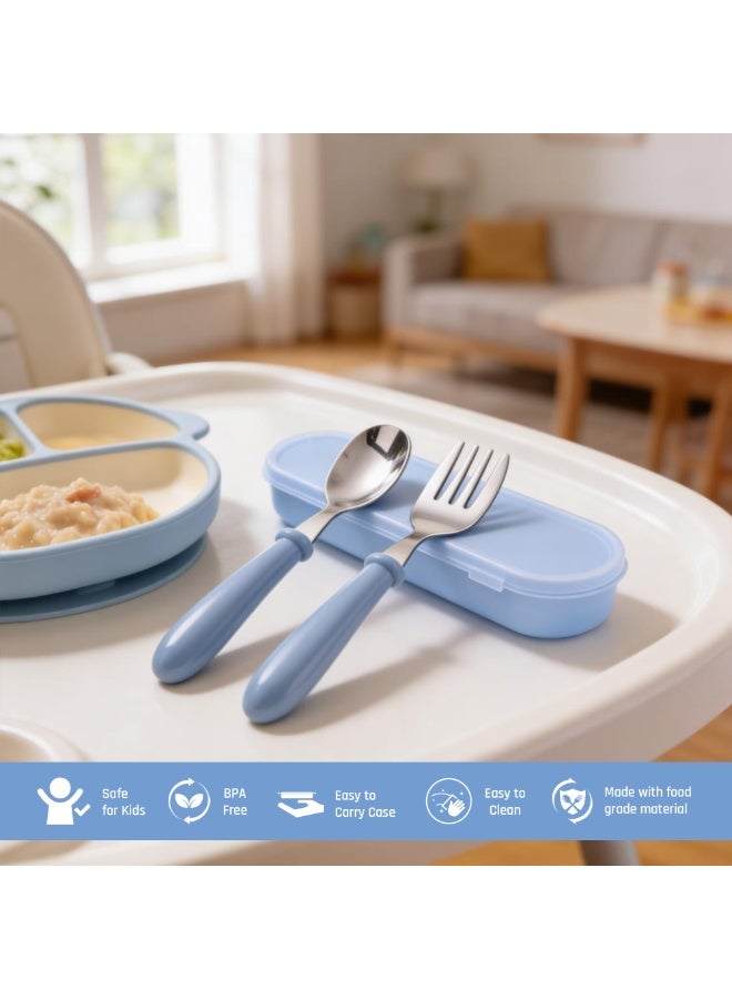 Beram Children Cutlery Set Utensils Set 2 PCS Kids Cutlery Set Baby Spoon Spoon and Fork Portable Tableware with Plastic Case 304 Stainless Steel BPA Free Dishwasher Safe Blue - Image 3
