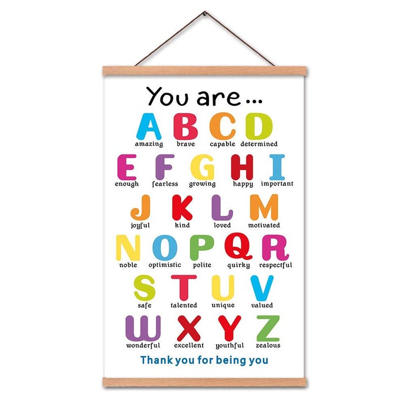 KAIRNE Colorful ABC Alphabet Art Print with Wood Magnetic Poster Hanger Frame 35X56CM You are Amazing Positive Affirmation Words Canvas Wall Art for Home School Classroom Room Decor