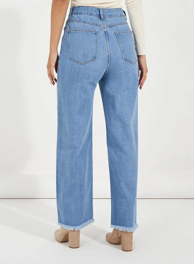 Styli Cut & Sew Panel Frayed Edge Wide Leg Jeans