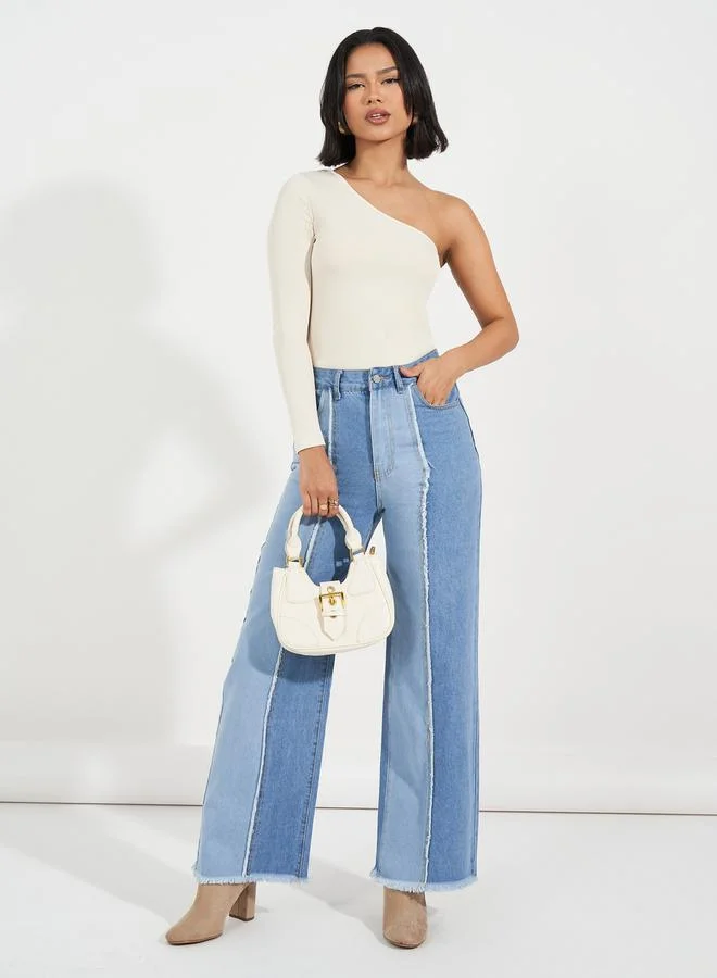Styli Cut & Sew Panel Frayed Edge Wide Leg Jeans