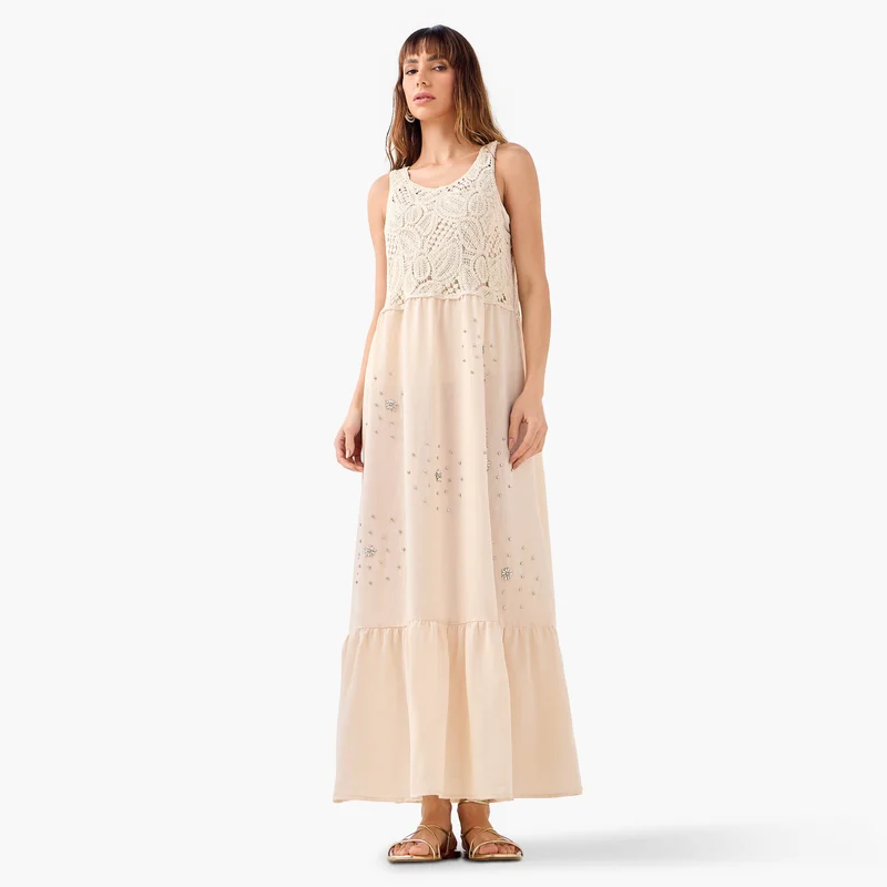 ايكونيك Iconic Crystal Embellished Sleeveless Dress with Crochet Detail