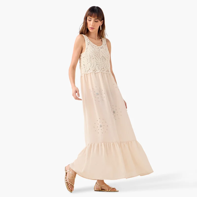 ايكونيك Iconic Crystal Embellished Sleeveless Dress with Crochet Detail