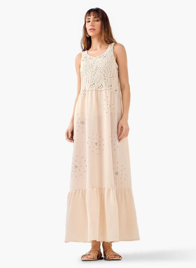 Iconic Iconic Crystal Embellished Sleeveless Dress with Crochet Detail