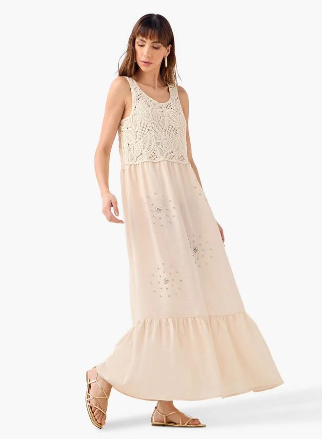 Iconic Iconic Crystal Embellished Sleeveless Dress with Crochet Detail