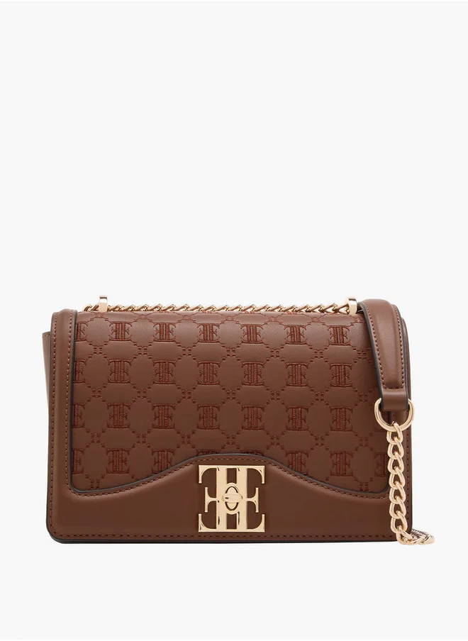 ايل Women's Monogram Embroidered Crossbody Bag with Chain Strap and Flap Closure