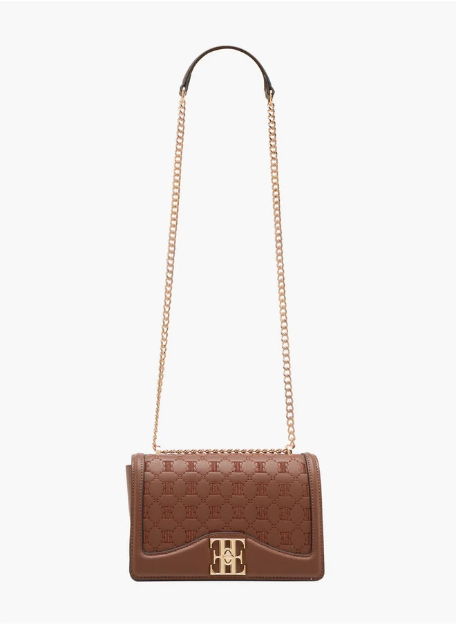ايل Women's Monogram Embroidered Crossbody Bag with Chain Strap and Flap Closure