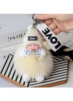 Genuine Fox Fur Ball Keychain Plush Doll Charm beige white
