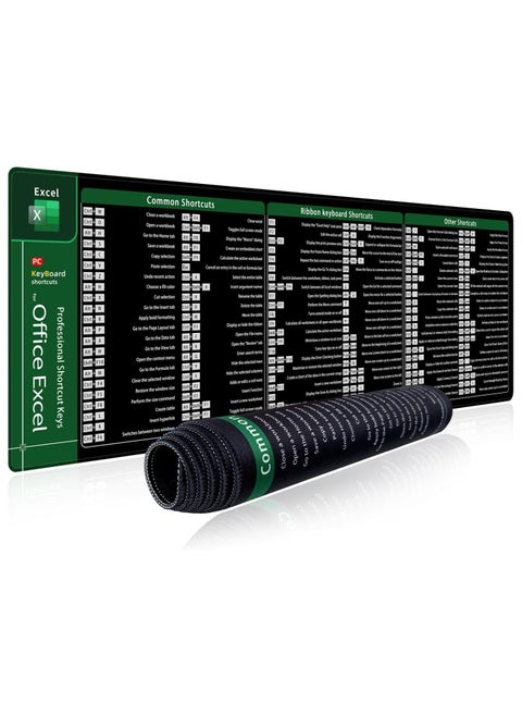 Large Mouse Pad XL, office shortcut extended computer desk mat with stitched edges for Excel, 900x300mm