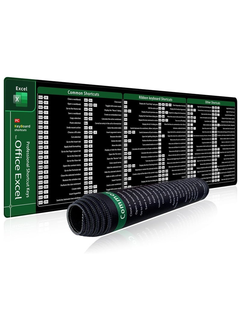 Large Mouse Pad XL, office shortcut extended computer desk mat with stitched edges for Excel, 900x300mm