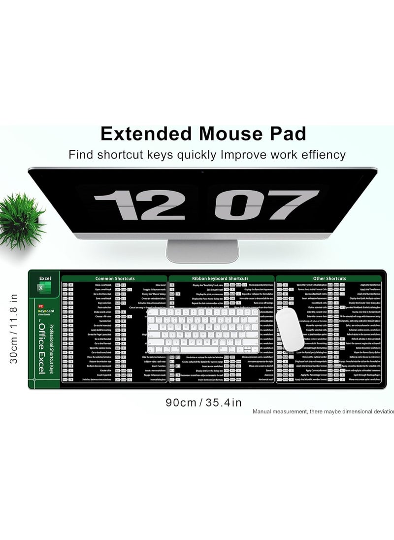 Large Mouse Pad XL, office shortcut extended computer desk mat with stitched edges for Excel, 900x300mm