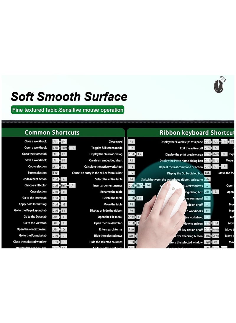 Large Mouse Pad XL, office shortcut extended computer desk mat with stitched edges for Excel, 900x300mm