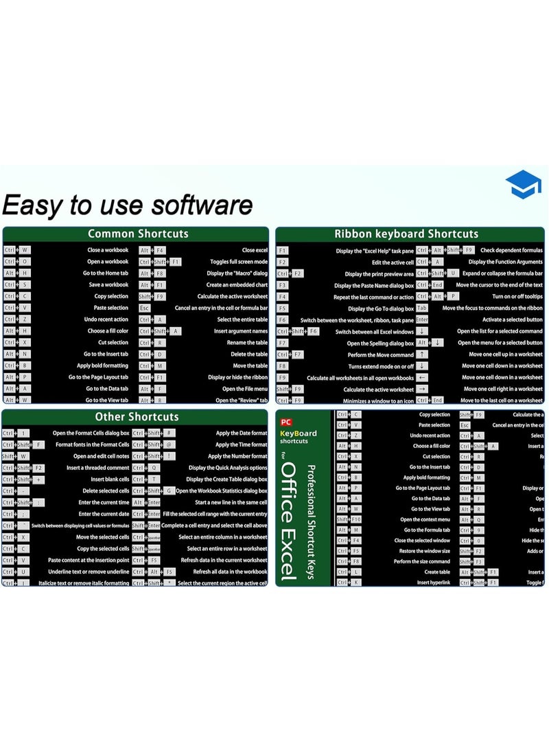 Large Mouse Pad XL, office shortcut extended computer desk mat with stitched edges for Excel, 900x300mm