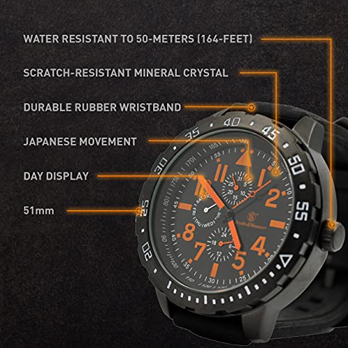 Smith & Wesson Men's Calibrator Watch, 5 ATM, Stainless Steel Caseback, Black Rubber Strap, Blue Numbers, Tactical Watch, Precision Quart, Scratch Resistant, Father's Day Gift, 51mm - Image 4