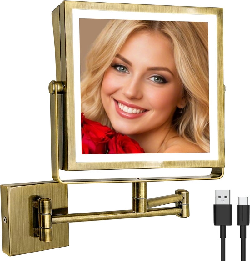 Ruacq Rechargeable Wall Mounted Makeup Mirror with Lights, Double Sided 1X/7X Magnifying Vanity Mirror with 3 Color Lights, Touch Screen Dimmable, 360° Rotation Extension Foldable Arm(Antique Brass) - Image 1