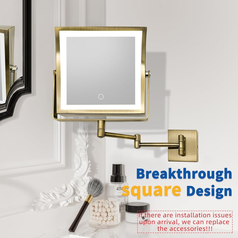 Ruacq Rechargeable Wall Mounted Makeup Mirror with Lights, Double Sided 1X/7X Magnifying Vanity Mirror with 3 Color Lights, Touch Screen Dimmable, 360° Rotation Extension Foldable Arm(Antique Brass) - Image 3