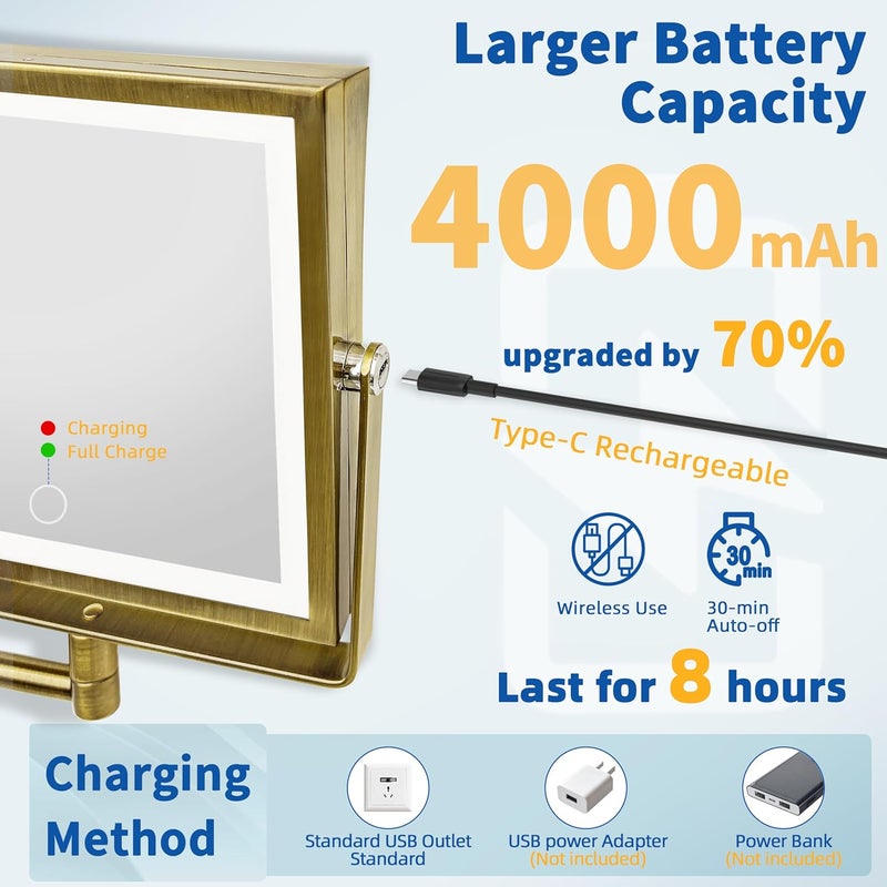 Ruacq Rechargeable Wall Mounted Makeup Mirror with Lights, Double Sided 1X/7X Magnifying Vanity Mirror with 3 Color Lights, Touch Screen Dimmable, 360° Rotation Extension Foldable Arm(Antique Brass) - Image 4