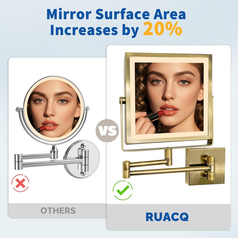 Ruacq Rechargeable Wall Mounted Makeup Mirror with Lights, Double Sided 1X/7X Magnifying Vanity Mirror with 3 Color Lights, Touch Screen Dimmable, 360° Rotation Extension Foldable Arm(Antique Brass) - Image 5