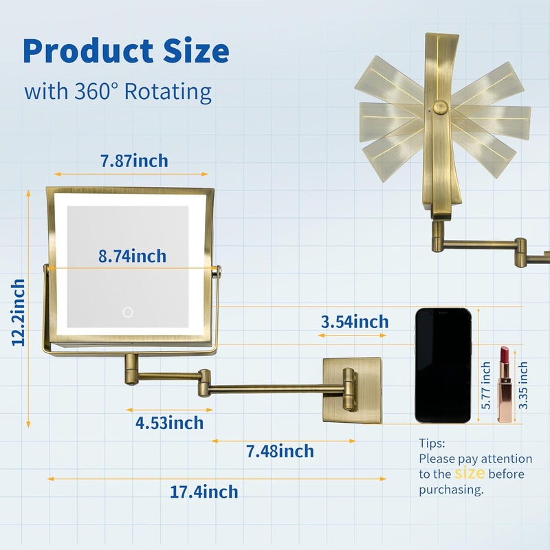 Ruacq Rechargeable Wall Mounted Makeup Mirror with Lights, Double Sided 1X/7X Magnifying Vanity Mirror with 3 Color Lights, Touch Screen Dimmable, 360° Rotation Extension Foldable Arm(Antique Brass) - Image 2