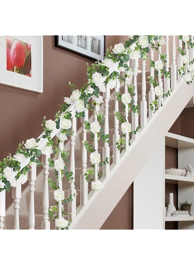 erorex Artificial Eucalyptus Garland With Flowers 5.9Ft Fake Rose Gypsophila Garland Faux Floral Garland Greenery Garland For Table Wedding Bedroom Party Wall Decor - Image 2