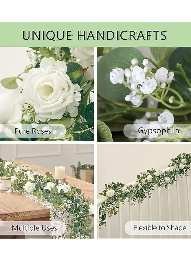erorex Artificial Eucalyptus Garland With Flowers 5.9Ft Fake Rose Gypsophila Garland Faux Floral Garland Greenery Garland For Table Wedding Bedroom Party Wall Decor - Image 4