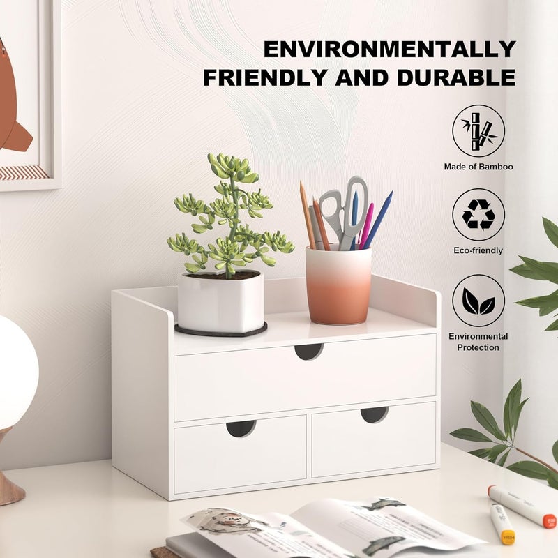 Wisuce Bamboo Desk Organizer - Mini Bamboo Desk Drawer Tabletop Cosmetic Storage Organization for Office or Home White with Shelf - Image 5