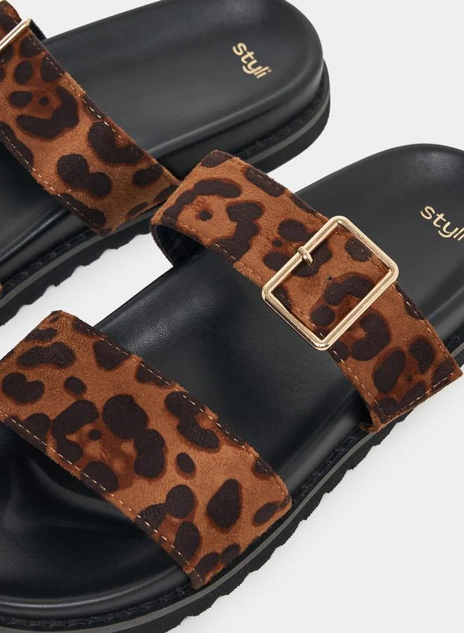 Styli Velvet Double Strap Animal Print Sandals