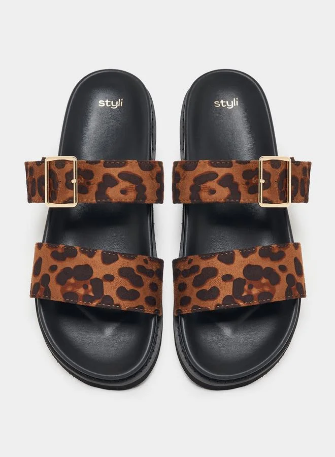 Styli Velvet Double Strap Animal Print Sandals