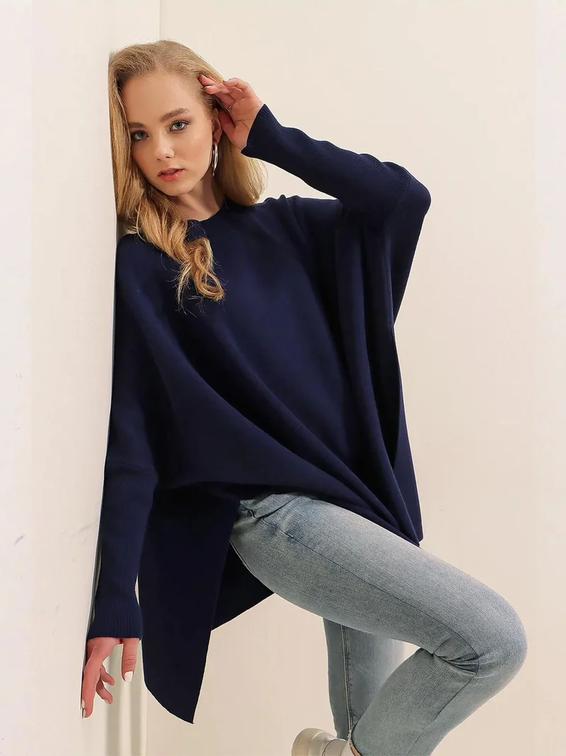 Big Dart Navy Blue BDART Oversized Acrylic Crew Neck Jumper for Women | Best Price UAE