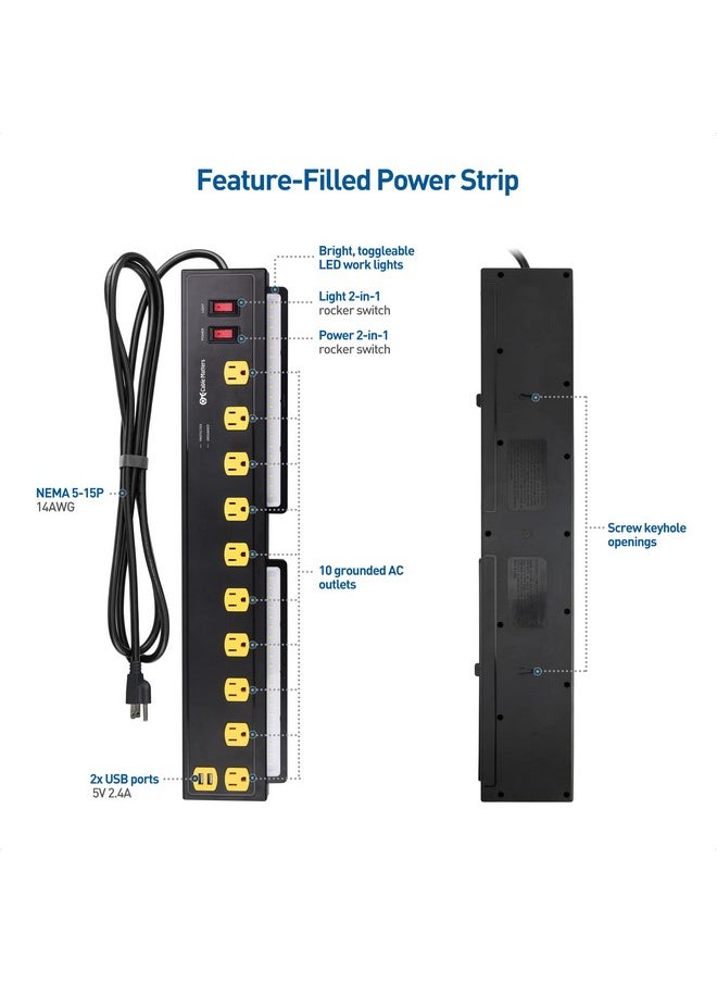 Cable Matters - 1350J Surge Protector With 15A Circuit Breaker 10Outlet Heavy Duty Power Strip With Usb And Led Light (Mountable Industrial Power Strip Surge Protector) In Black For Garage Workshop - Image 1