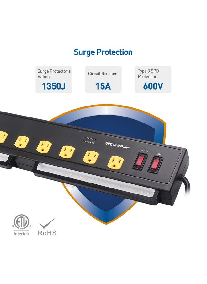 Cable Matters - 1350J Surge Protector With 15A Circuit Breaker 10Outlet Heavy Duty Power Strip With Usb And Led Light (Mountable Industrial Power Strip Surge Protector) In Black For Garage Workshop - Image 1