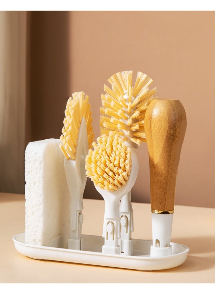 HOMESTAR Kitchen Bamboo Handle 3-In-1 Multi-Scrubber Brush Set - Includes Crevice Brush, 360° Rotating Cup Brush, Wood Pulp Sponge! Bamboo Handle, PP Material, PBT Bristles. Powerful Cleaning, Easy Head Change With Clip, Base With Drainage Groove. Multi-Use For Dishes & Pots. - Image 1