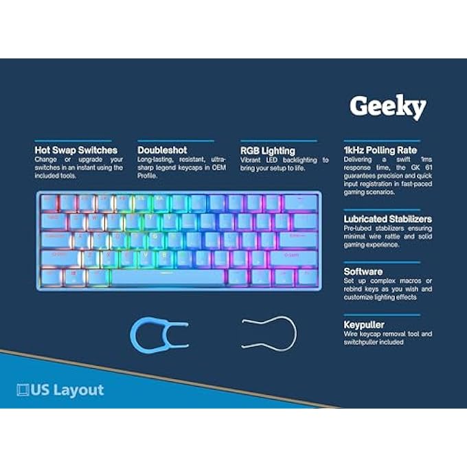 Geeky GK61 60% | HOT SWAPPABLE MECHANICAL GAMING KEYBOARD | 61 MULTICOLOUR KEYS BACKLIT RGB LED FOR GAMING PC/MAC | ANSI US US KEYBOARD (BLUE, MECHANICAL BLUE) - Image 2
