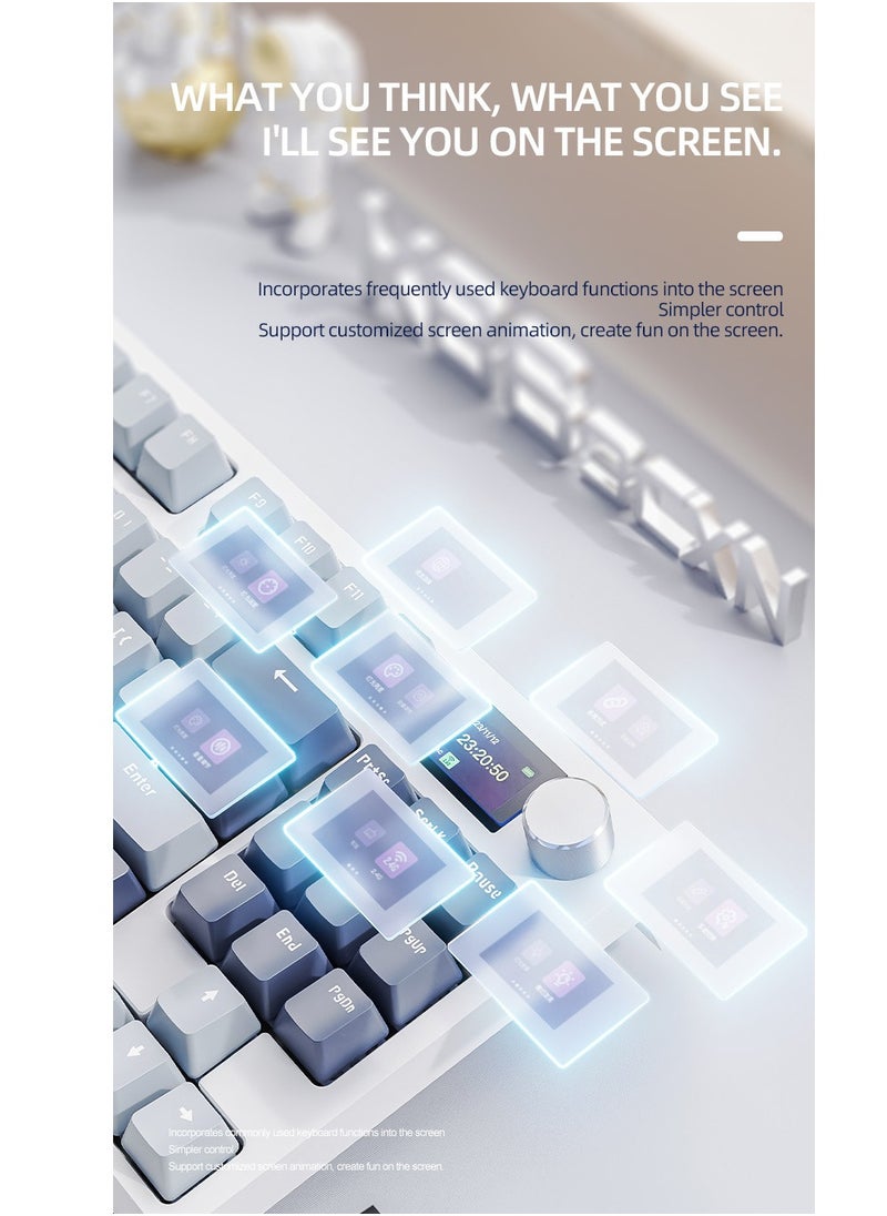 هجوم القرش لوحة مفاتيح الألعاب الميكانيكية اللاسلكية K86 RGB – تصميم Gasket Mount – اتصال ثلاثي (بلوتوث 5.0، لاسلكي 2.4G، سلكي USB-C) – 87 مفتاح قابل للتبديل السريع – شاشة TFT ذكية – مقبض معدني للتحكم في الصوت – بطارية 4000mAh – أغطية مفاتيح PBT – متوافقة مع الكمبيوتر، اللابتوب، ماك (أزرق لافندر)  - Image 4
