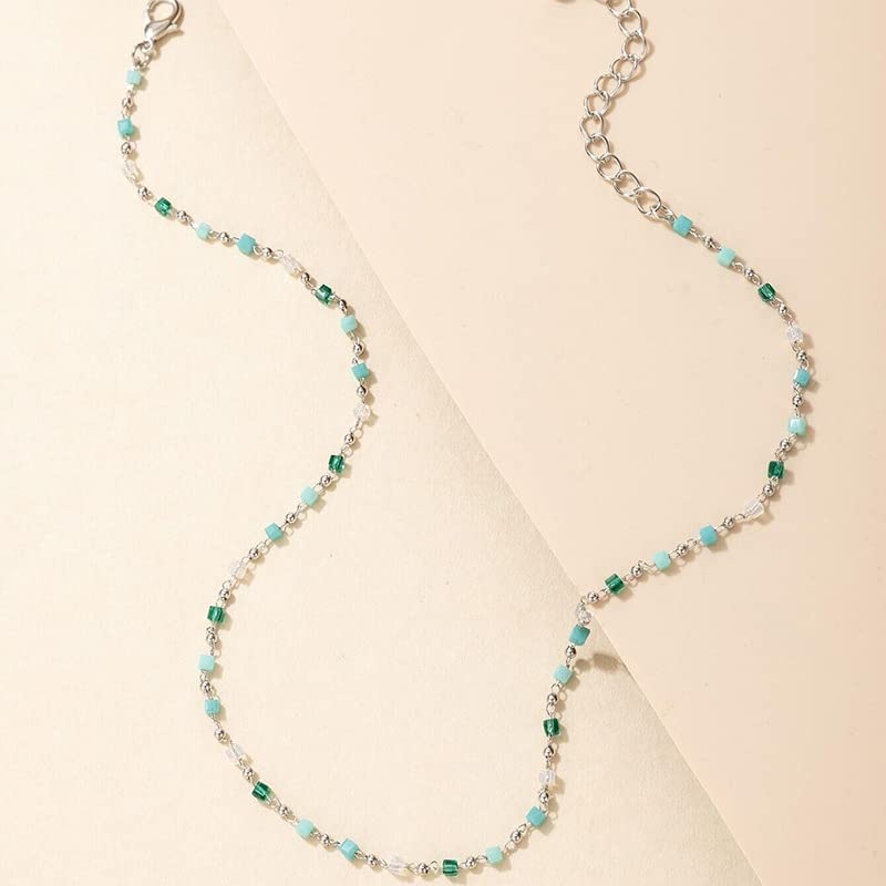 FUTIMELY Bohemia Green Beaded Beads Choker Necklace for Women,Simple Fresh Silver Beaded Square Round Bead Choker Necklace Fashion Jewelry - Image 5