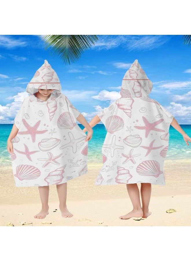 Off White Base Full Printed Light Pink Sketch Starfish Shell Conch Unisex Kids Hooded Quick Dry Poncho Towel, Polyester Soft Water Absorbent Loose Windproof Bath Wrap for All Kids, Ideal for Beach, Swimming Pool, Hot Spring & Daily Shower - Image 2