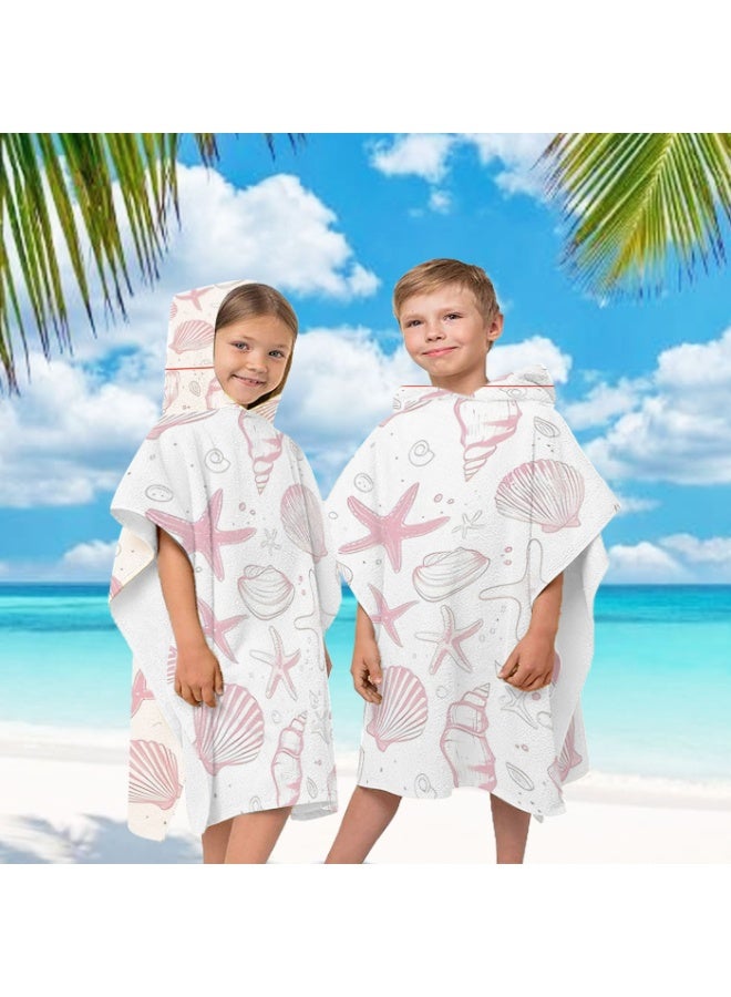Off White Base Full Printed Light Pink Sketch Starfish Shell Conch Unisex Kids Hooded Quick Dry Poncho Towel, Polyester Soft Water Absorbent Loose Windproof Bath Wrap for All Kids, Ideal for Beach, Swimming Pool, Hot Spring & Daily Shower - Image 3