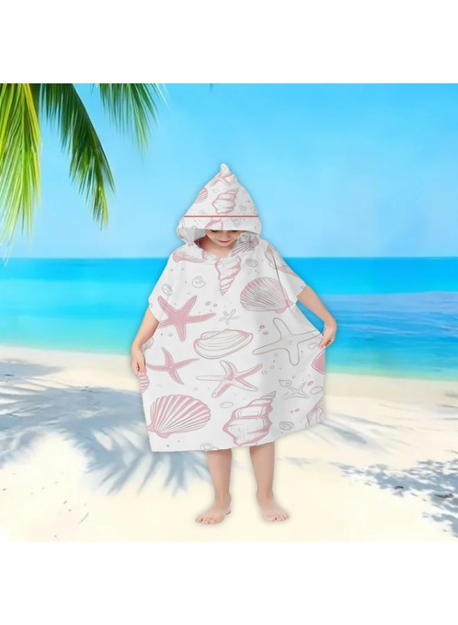 Off White Base Full Printed Light Pink Sketch Starfish Shell Conch Unisex Kids Hooded Quick Dry Poncho Towel, Polyester Soft Water Absorbent Loose Windproof Bath Wrap for All Kids, Ideal for Beach, Swimming Pool, Hot Spring & Daily Shower - Image 4