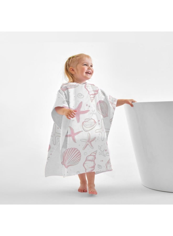 Off White Base Full Printed Light Pink Sketch Starfish Shell Conch Unisex Kids Hooded Quick Dry Poncho Towel, Polyester Soft Water Absorbent Loose Windproof Bath Wrap for All Kids, Ideal for Beach, Swimming Pool, Hot Spring & Daily Shower - Image 1