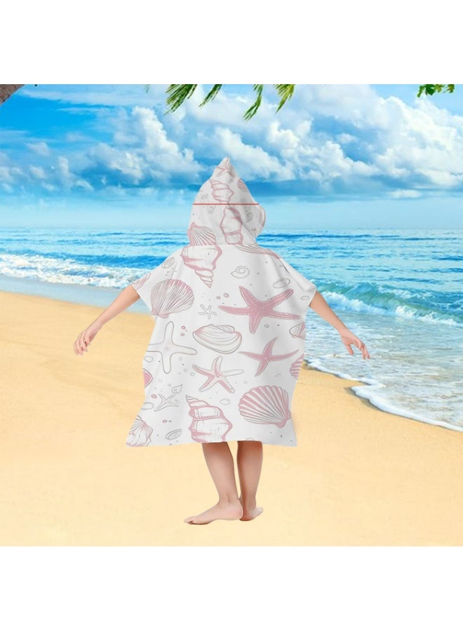Off White Base Full Printed Light Pink Sketch Starfish Shell Conch Unisex Kids Hooded Quick Dry Poncho Towel, Polyester Soft Water Absorbent Loose Windproof Bath Wrap for All Kids, Ideal for Beach, Swimming Pool, Hot Spring & Daily Shower - Image 5