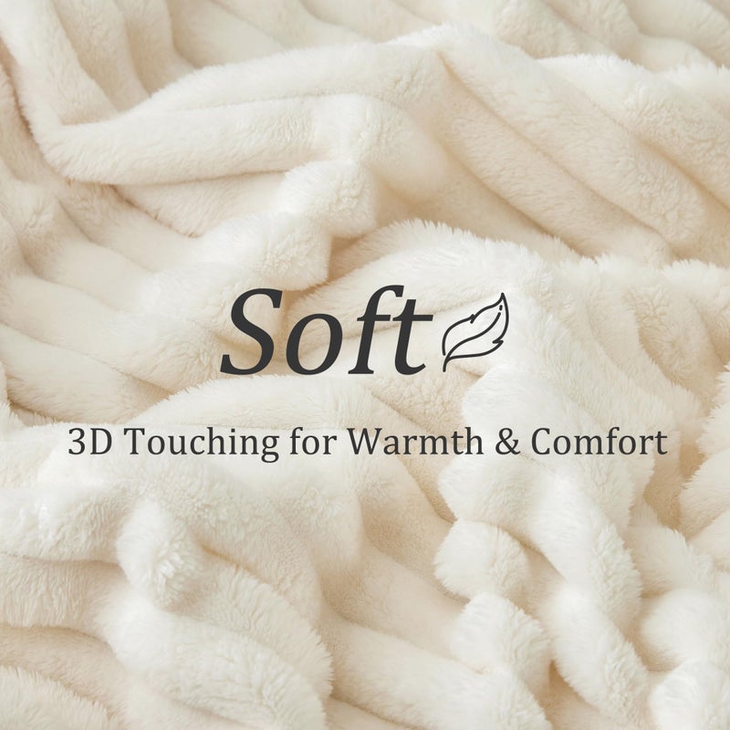 BEDELITE Fleece Throw Blanket for Couch - 300GSM Soft & Warm Fluffy Cream White Blanket, Decorative and Giftable Striped Blankets for Women, Men, 50"x60" - Image 5