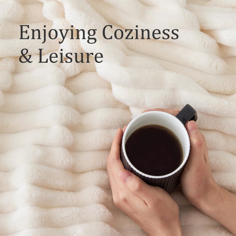 BEDELITE Fleece Throw Blanket for Couch - 300GSM Soft & Warm Fluffy Cream White Blanket, Decorative and Giftable Striped Blankets for Women, Men, 50"x60" - Image 4