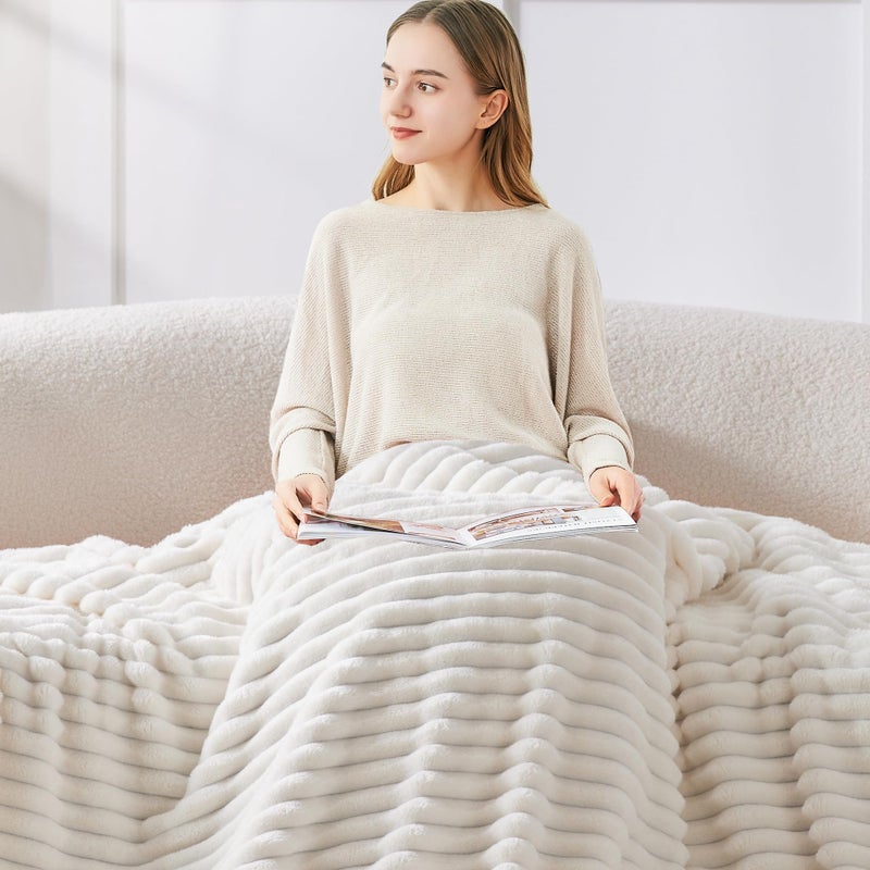 BEDELITE Fleece Throw Blanket for Couch - 300GSM Soft & Warm Fluffy Cream White Blanket, Decorative and Giftable Striped Blankets for Women, Men, 50"x60" - Image 3