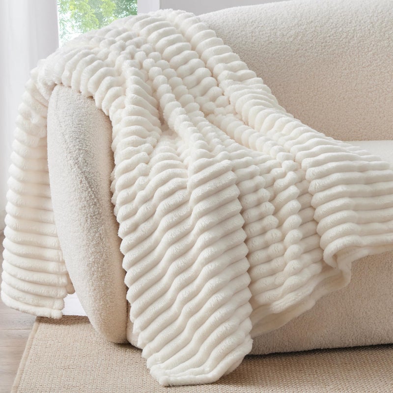BEDELITE Fleece Throw Blanket for Couch - 300GSM Soft & Warm Fluffy Cream White Blanket, Decorative and Giftable Striped Blankets for Women, Men, 50"x60" - Image 1
