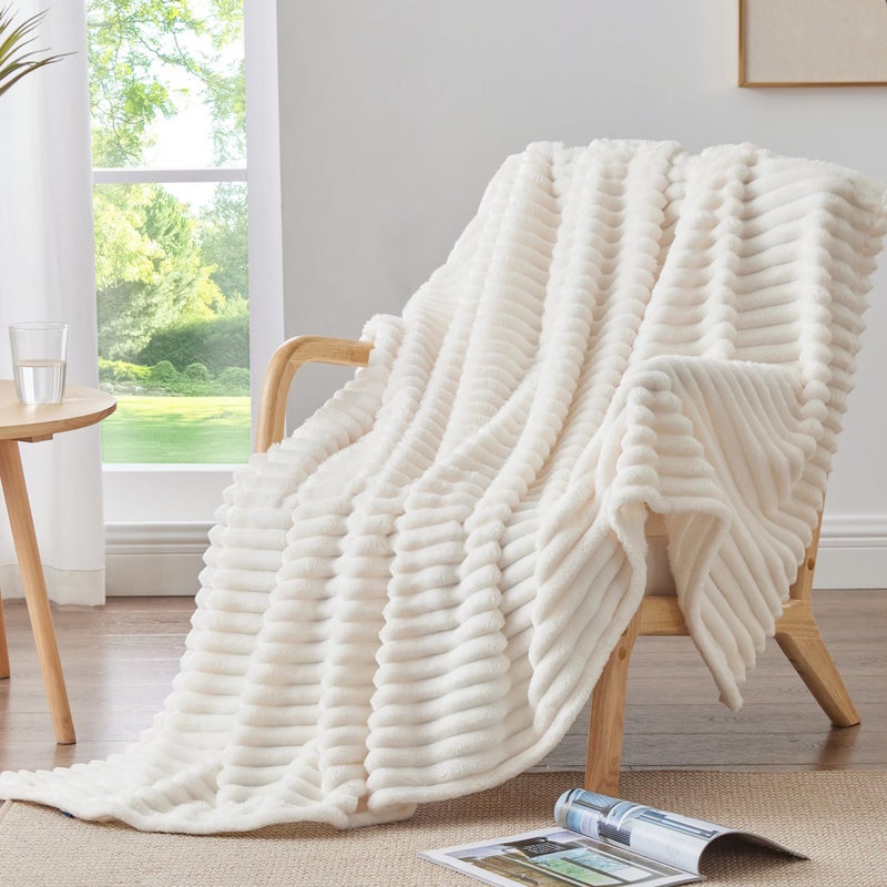 BEDELITE Fleece Throw Blanket for Couch - 300GSM Soft & Warm Fluffy Cream White Blanket, Decorative and Giftable Striped Blankets for Women, Men, 50"x60" - Image 2