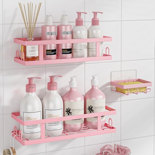 Youvip Adhesive Shower CaddyShower Shelves with Soap Holder and 12 HooksNo Drilling Bathroom Organizer and StoragePink3 Pack - Image 1