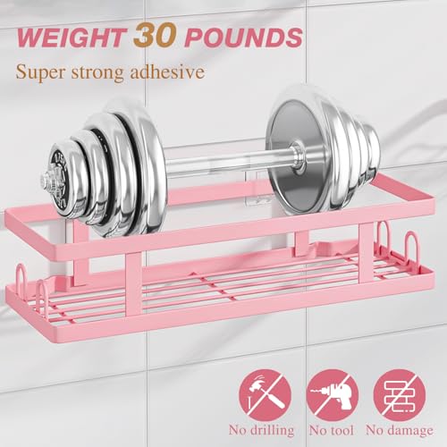 Youvip Adhesive Shower CaddyShower Shelves with Soap Holder and 12 HooksNo Drilling Bathroom Organizer and StoragePink3 Pack - Image 3