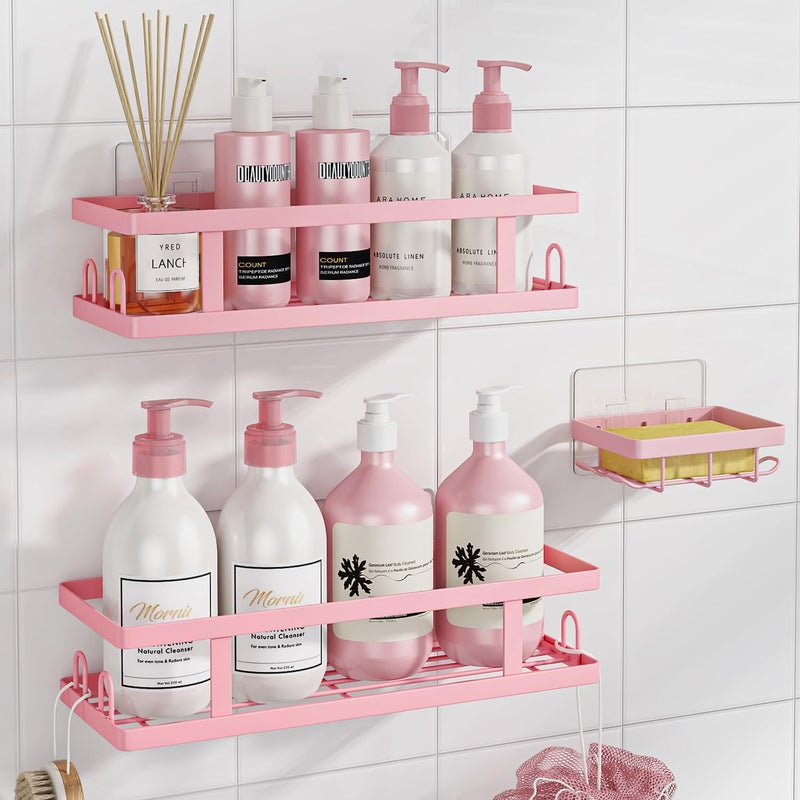 Youvip Adhesive Shower CaddyShower Shelves with Soap Holder and 12 HooksNo Drilling Bathroom Organizer and StoragePink3 Pack - Image 2