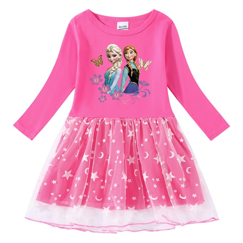 2023 New Girls' Dress Cotton Printed Cartoon Star Moon Mesh Long Sleeve Princess Dress - Image 4